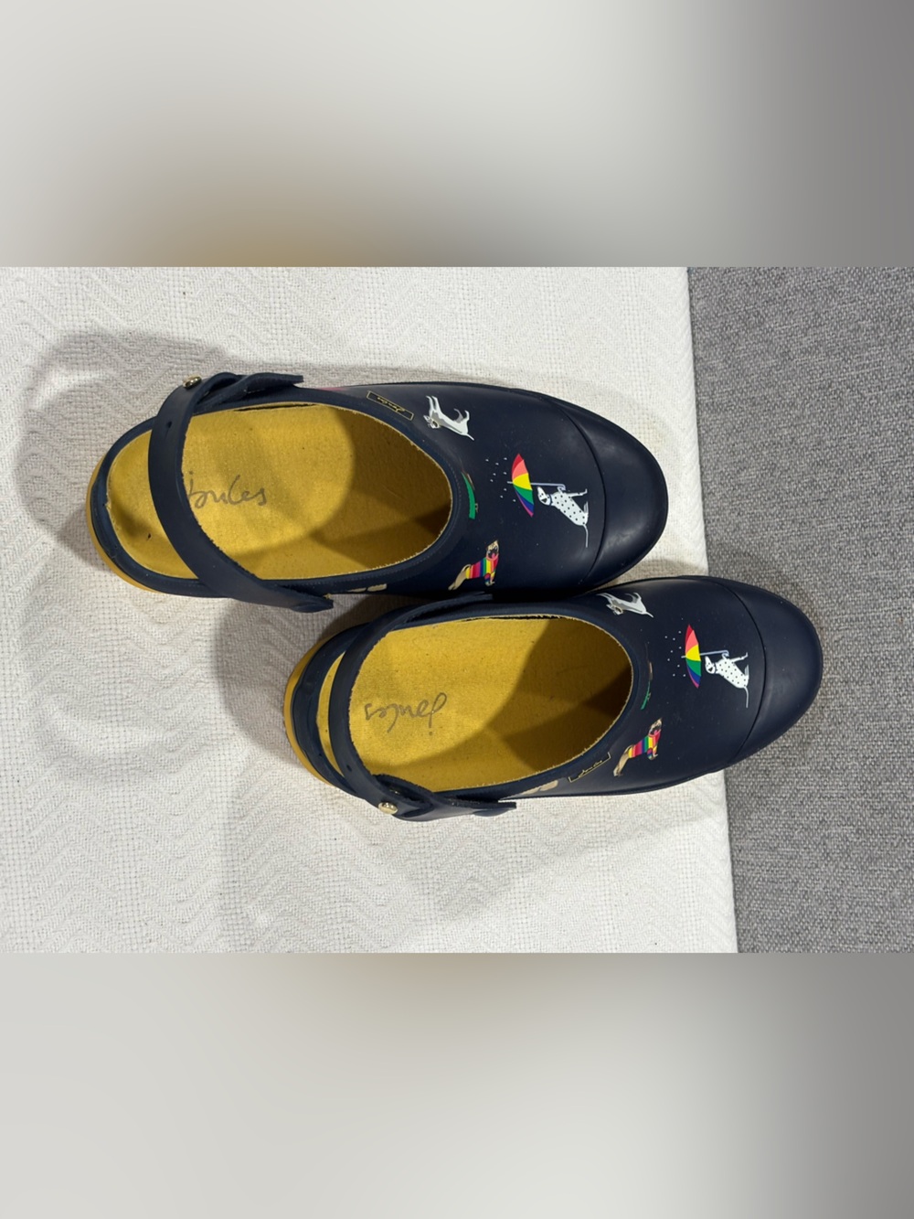 😻🌈Joules Navy Clogs with Yellow Soles and Dog & Umbrella Print - Picture 5 of 11
